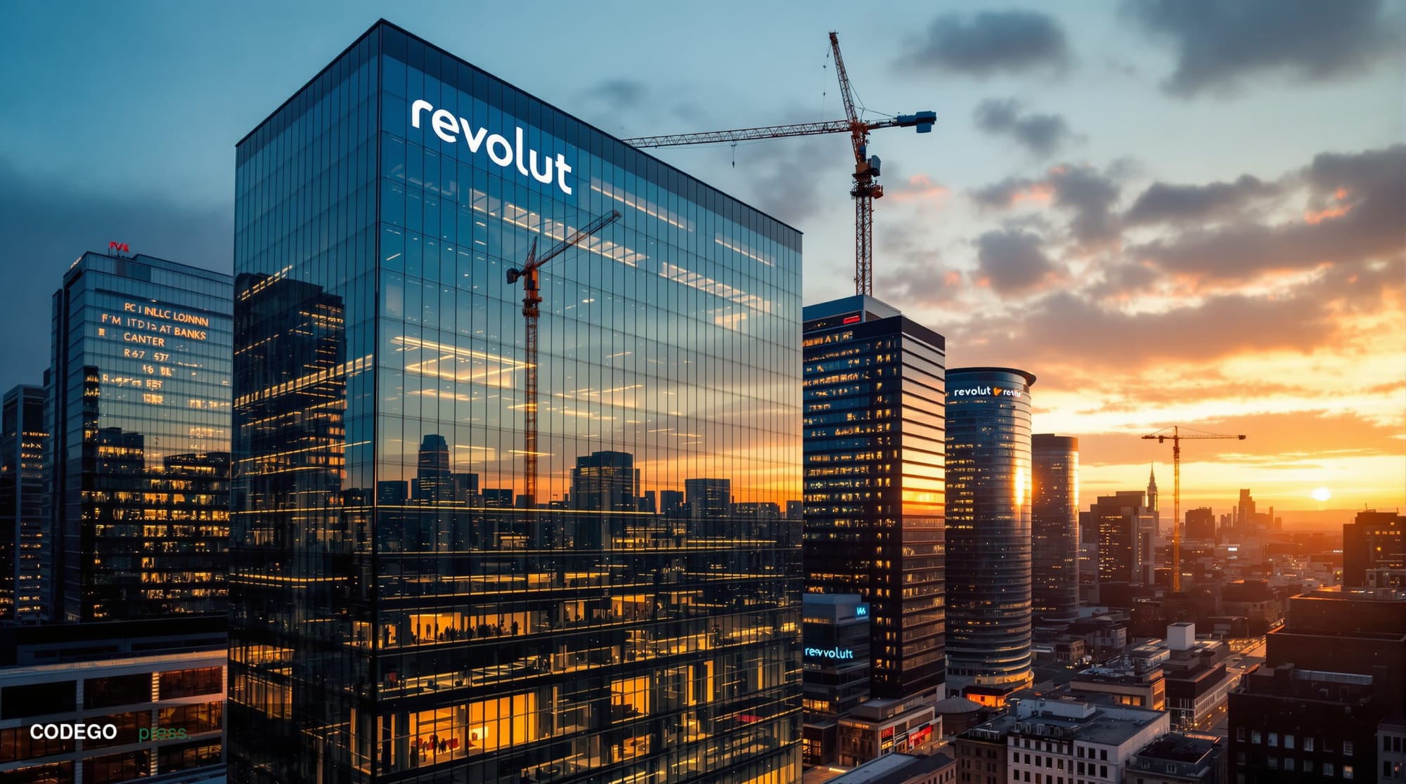 Photorealistic 8K editorial photograph showcasing London's Canary Wharf financial district at dusk, with Revolut's distinctiv