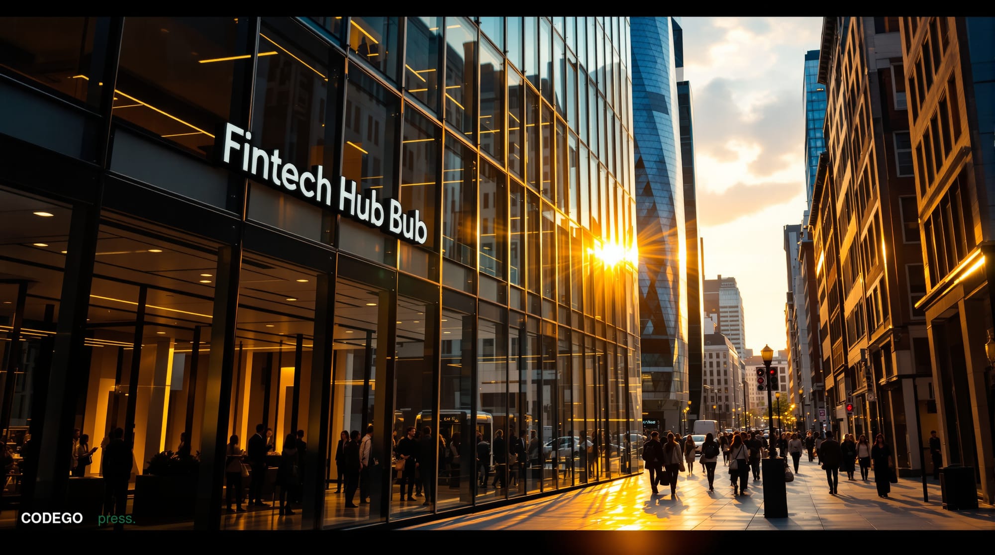 A cinematic editorial photograph capturing London's financial district with a modern fintech office building prominently feat