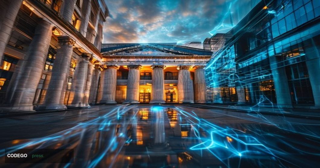 A striking photorealistic editorial photograph showcasing the UK's financial regulatory landscape through the lens of digital