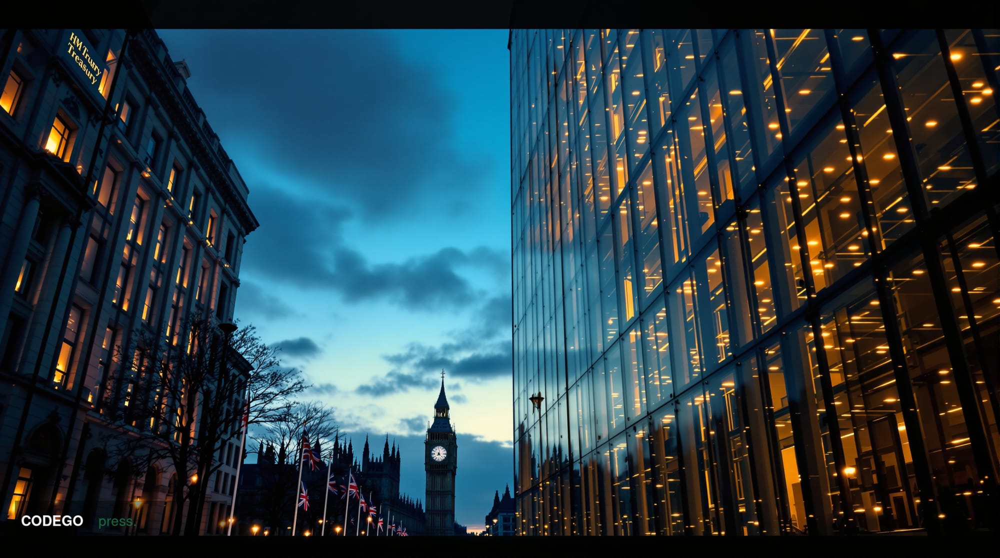 A dramatic editorial photograph of the imposing glass facade of a UK government building, specifically HM Treasury on Horse G