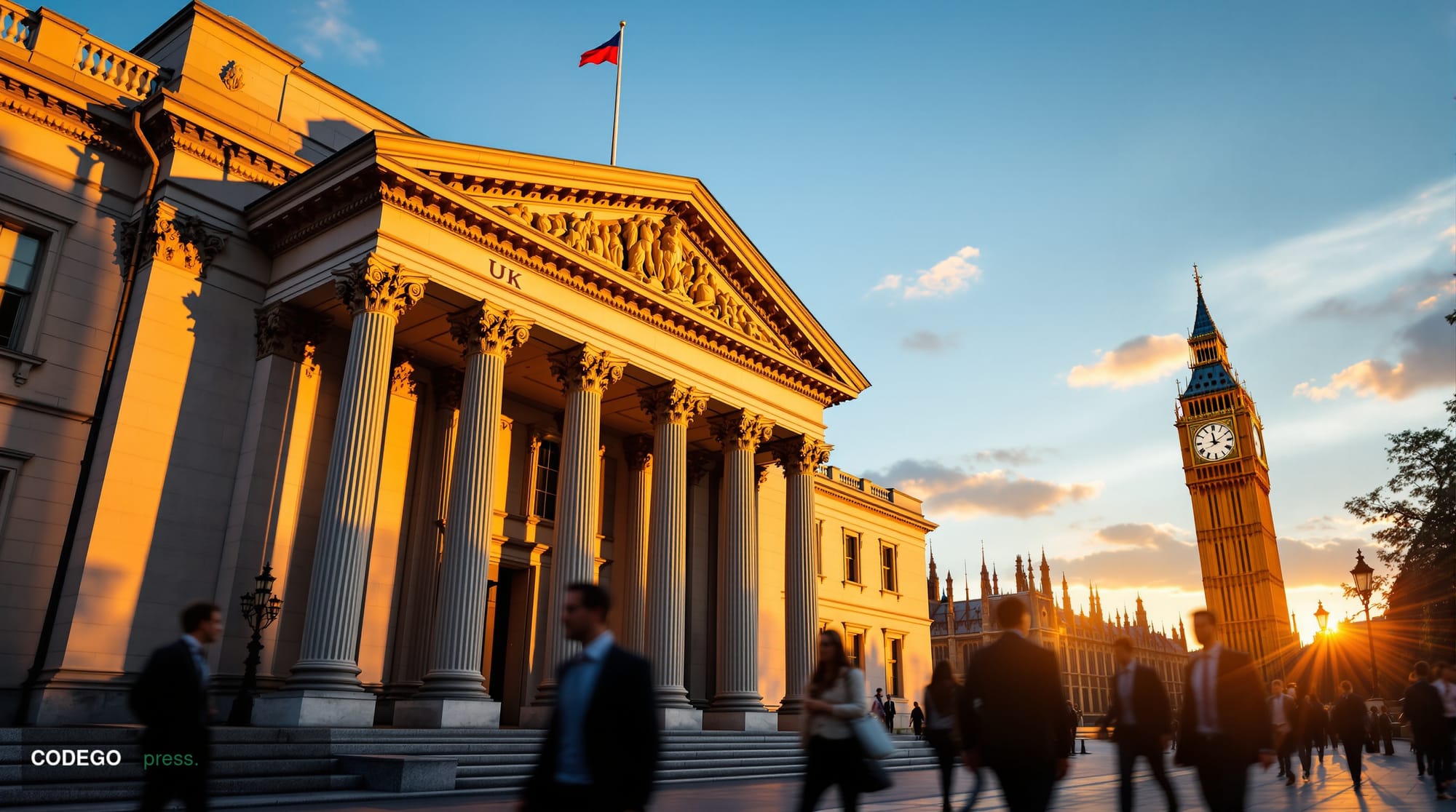 A photorealistic editorial photograph showing the UK Treasury building facade in London with its iconic neoclassical architec