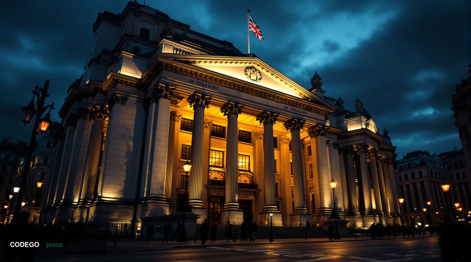 A cinematic editorial photograph of the UK Treasury building in London's Whitehall district, captured from a low angle with d