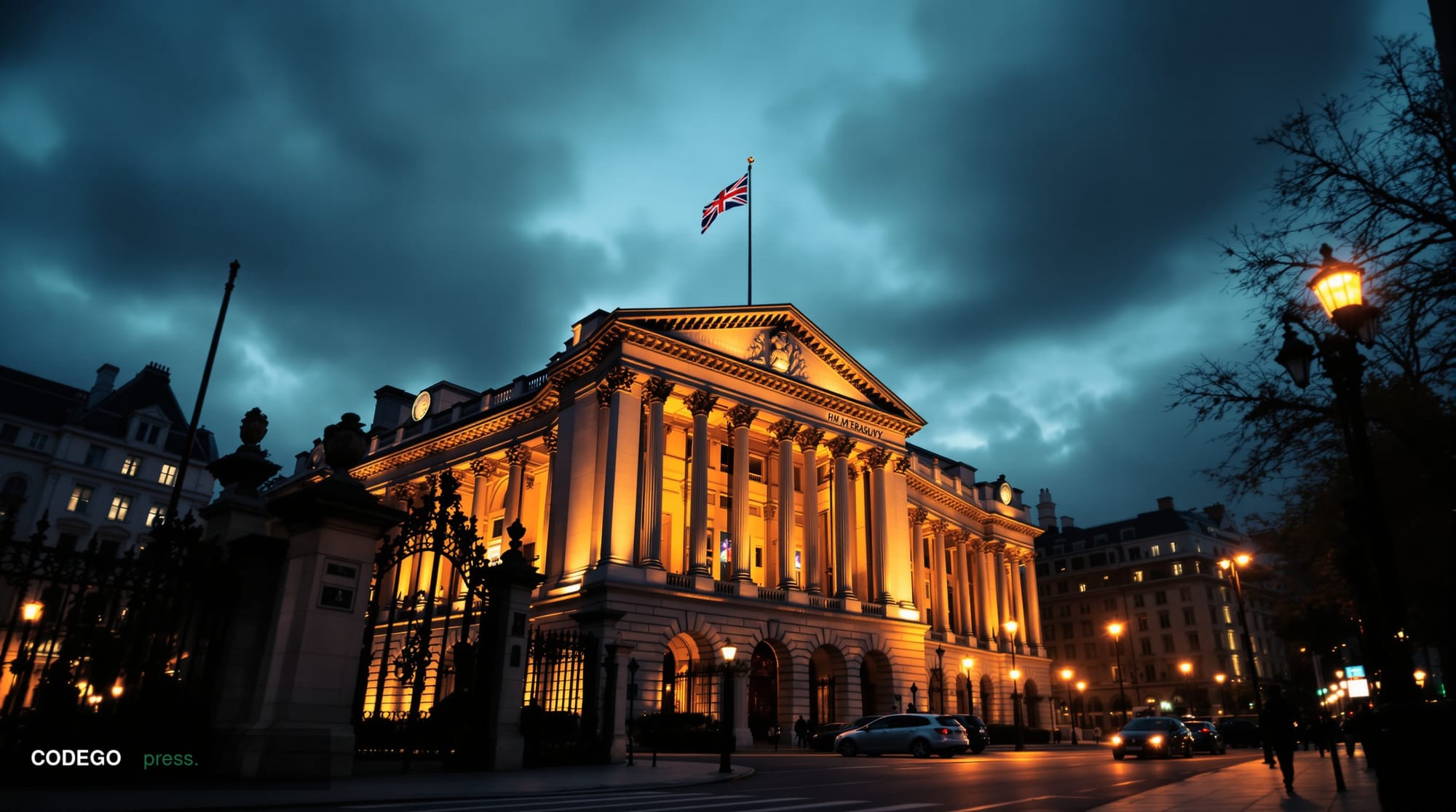 A dramatic cinematic photograph of the imposing neo-classical facade of HM Treasury building in Westminster, London, with its