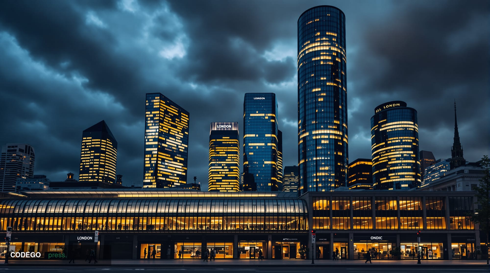 A photorealistic editorial photograph showing the London financial district skyline at dusk with dramatic storm clouds gather