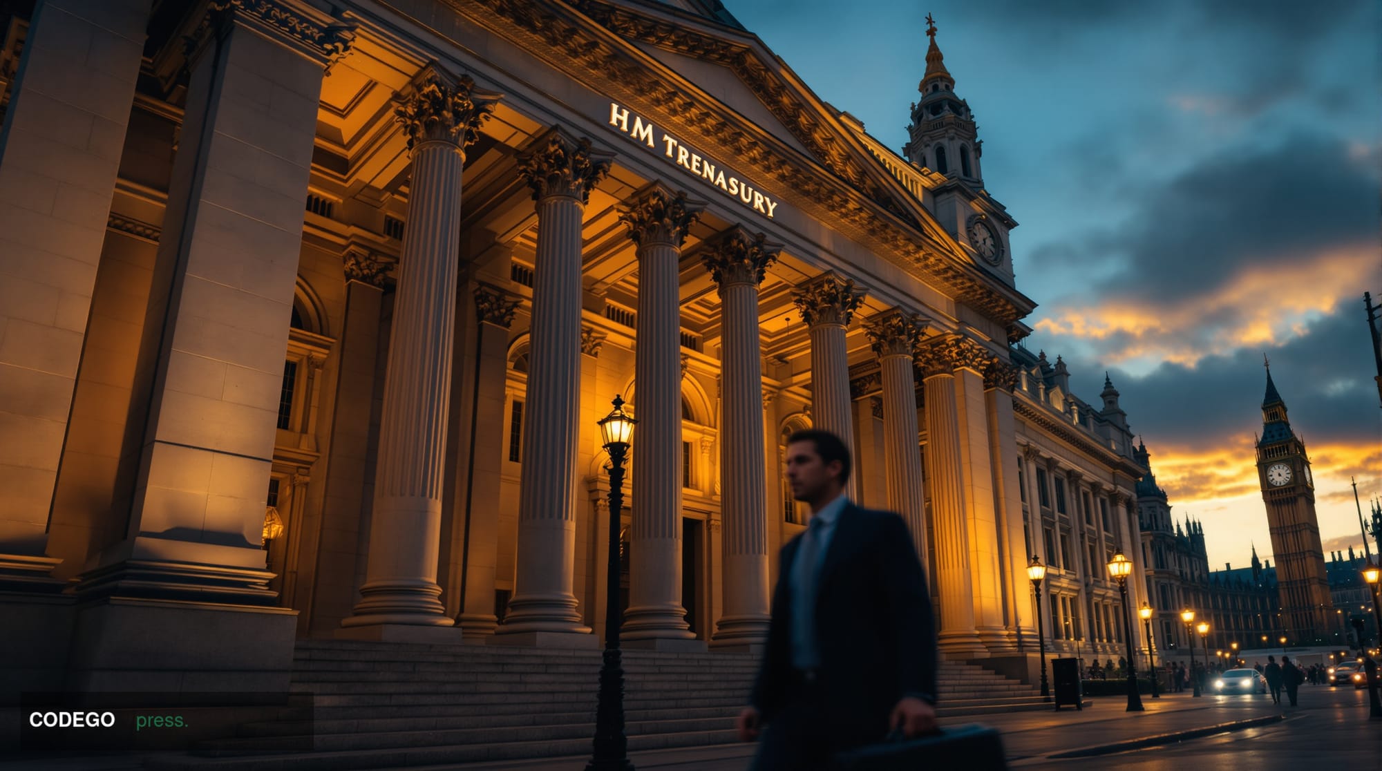 A cinematic editorial photograph of the imposing UK Treasury building on Whitehall in London, captured during golden hour wit