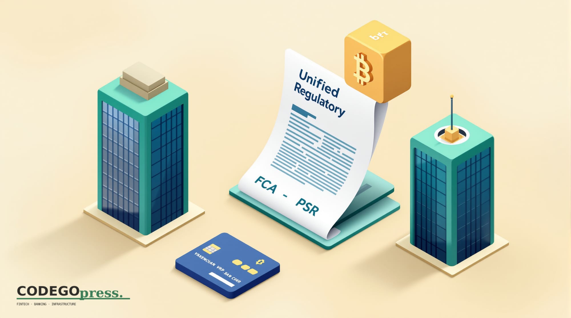 Flat 3D isometric vector editorial illustration, banking-green primary (#1A6B43), cream background, gold and navy accents. Co