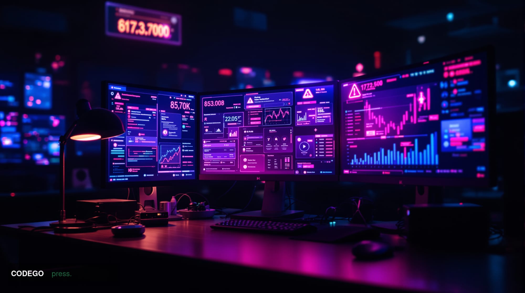 A cinematic editorial photograph showing a dark, moody scene of multiple cryptocurrency wallet interfaces displayed on comput