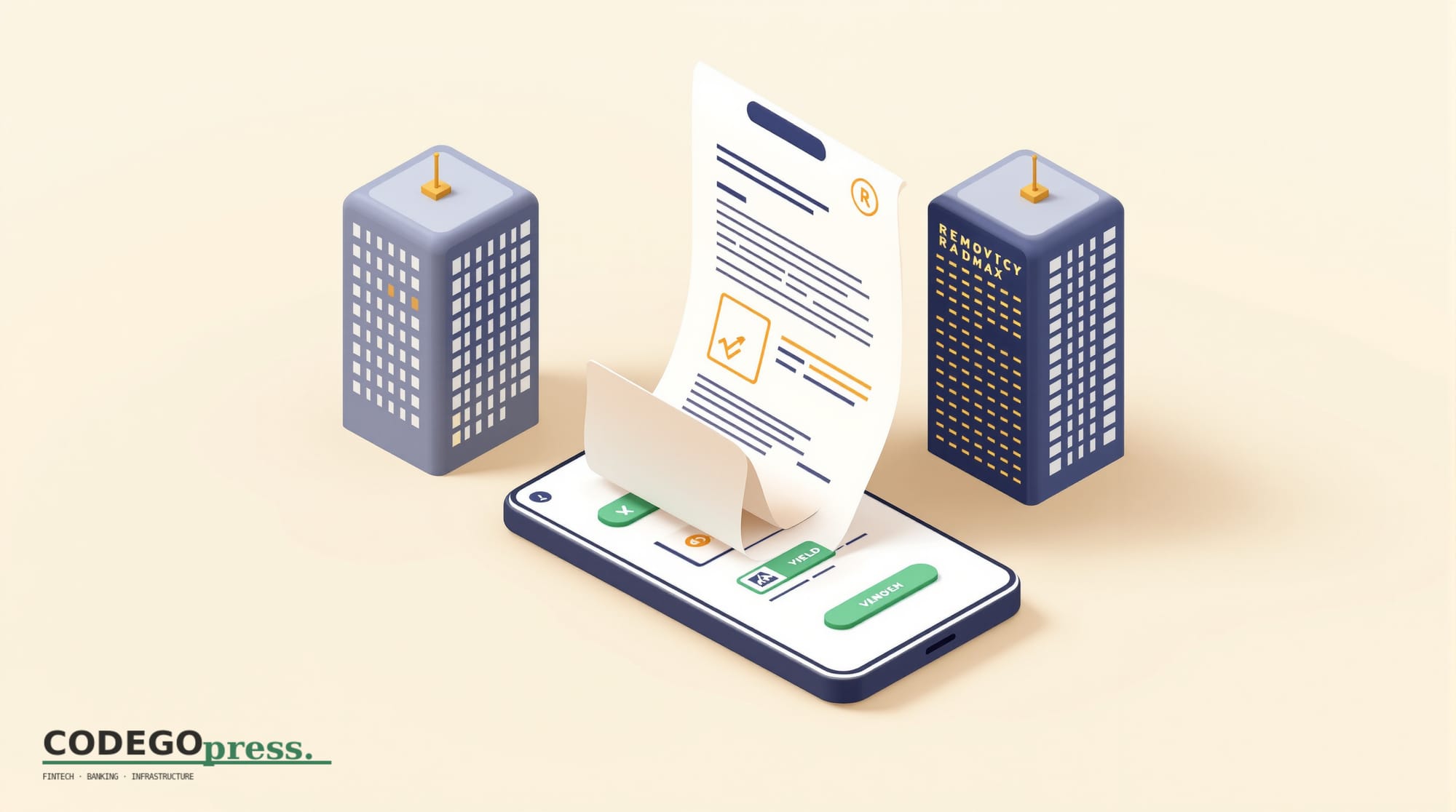 Flat 3D isometric vector editorial illustration showing a cryptocurrency trading platform interface (represented as a clean m
