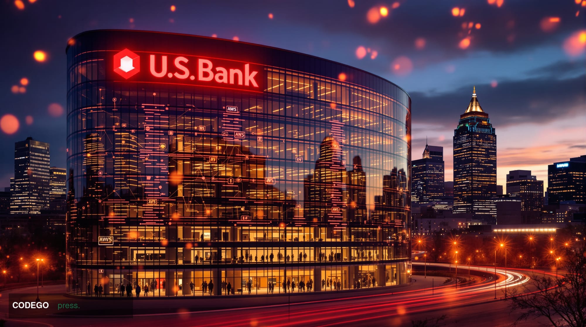 A cinematic editorial photograph showcasing U.S. Bank's corporate headquarters in Minneapolis with the distinctive curved gla