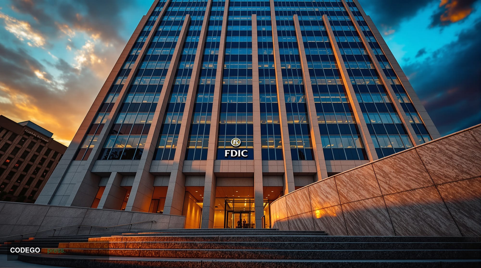 A cinematic editorial photograph of the imposing Federal Deposit Insurance Corporation headquarters building in Washington D.
