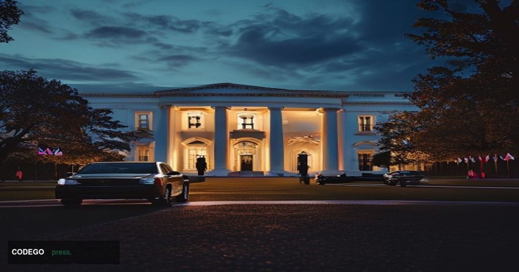 A cinematic editorial photograph of the White House's South Lawn with the distinctive neoclassical facade prominently feature