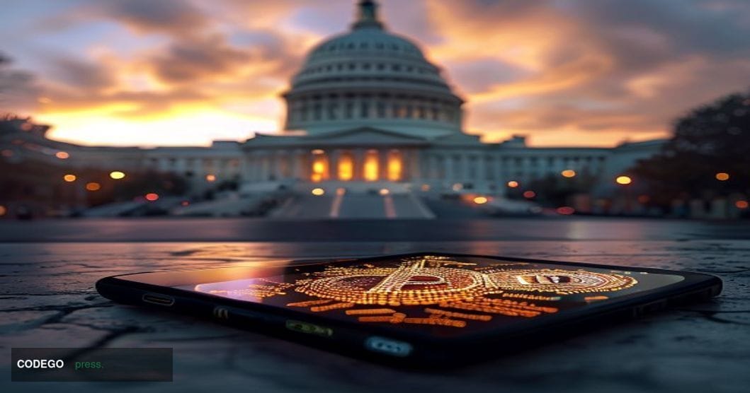 A cinematic editorial photograph showing the iconic dome of the US Capitol building in Washington DC at golden hour, with dra