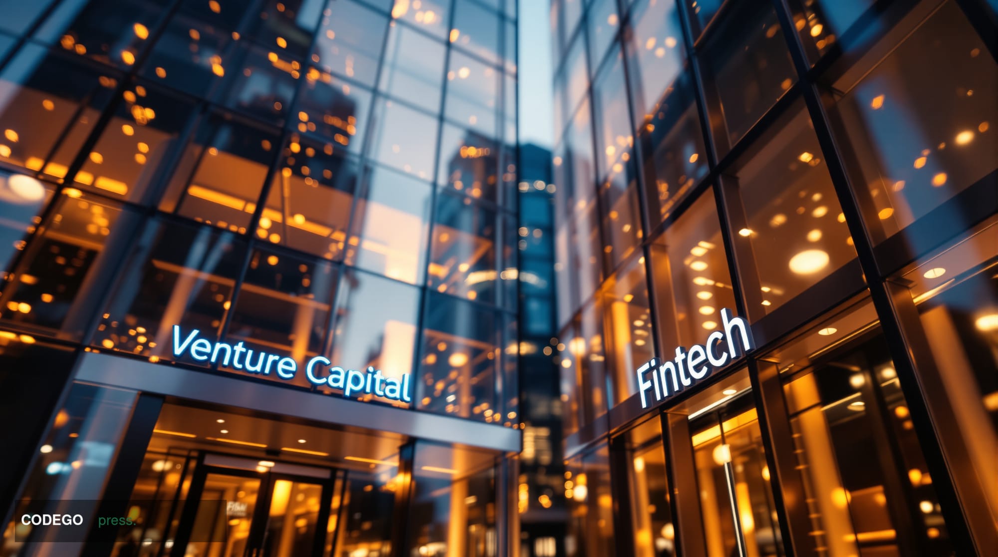 A cinematic editorial photograph capturing the resurgence of fintech investment, shot from a low angle looking up at the glea