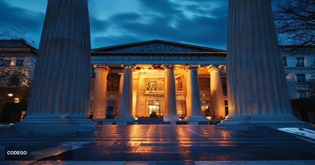A dramatic photorealistic editorial photograph showing the imposing facade of the US Treasury Department building in Washingt