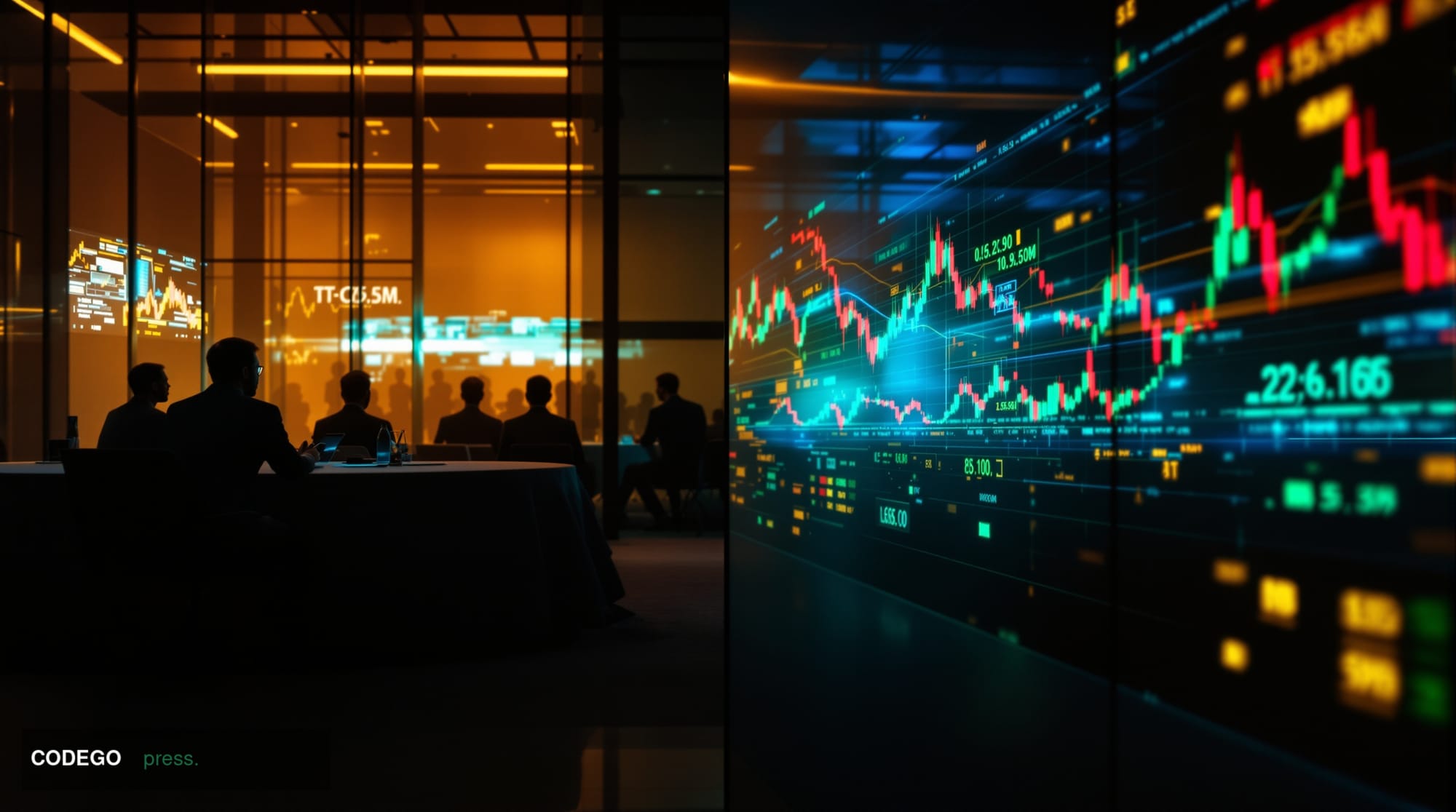 A cinematic editorial photograph capturing the intersection of geopolitics and cryptocurrency markets. The scene shows a spli