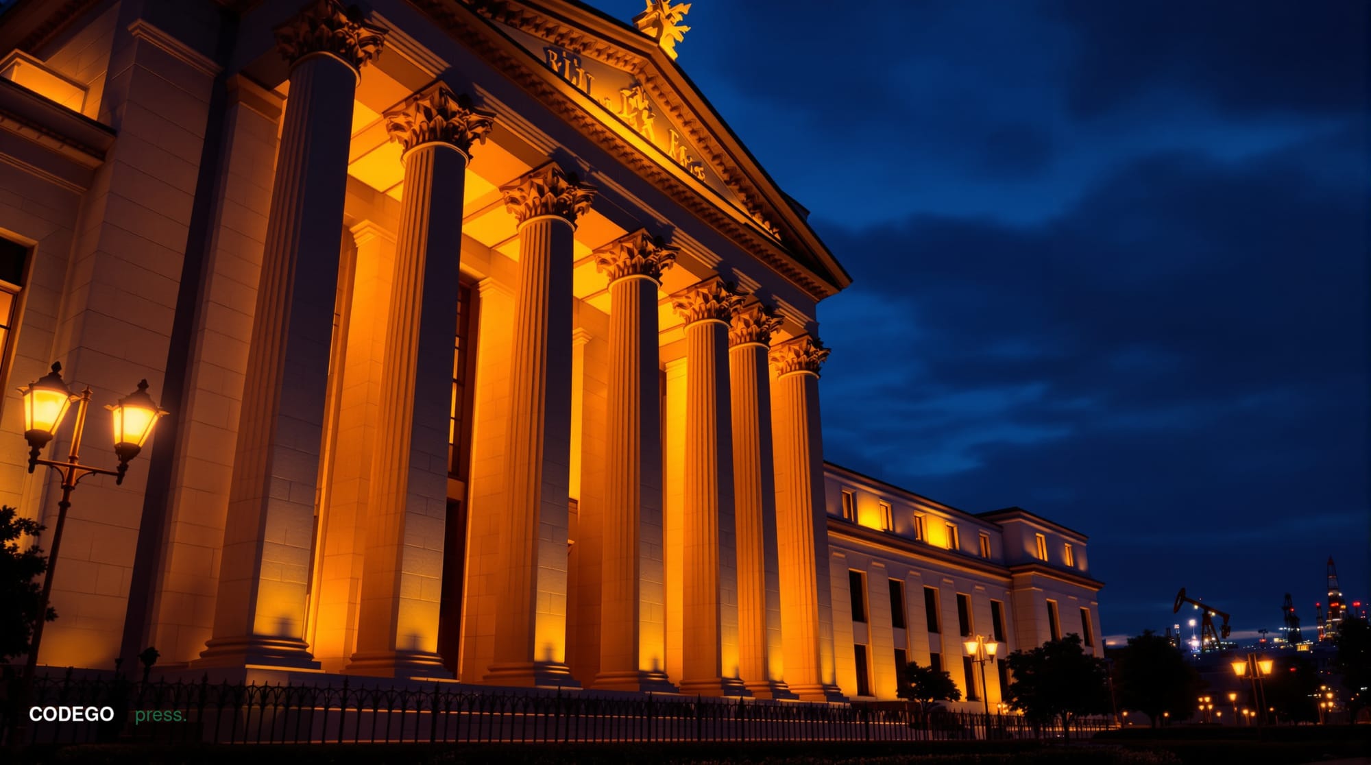 A photorealistic editorial photograph showing the Federal Reserve building in Washington DC at dusk with dramatic chiaroscuro