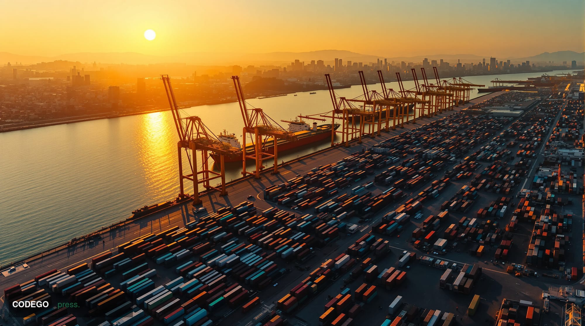A dramatic photorealistic editorial photograph capturing the Bandar Abbas port complex at golden hour, showing the strategic 