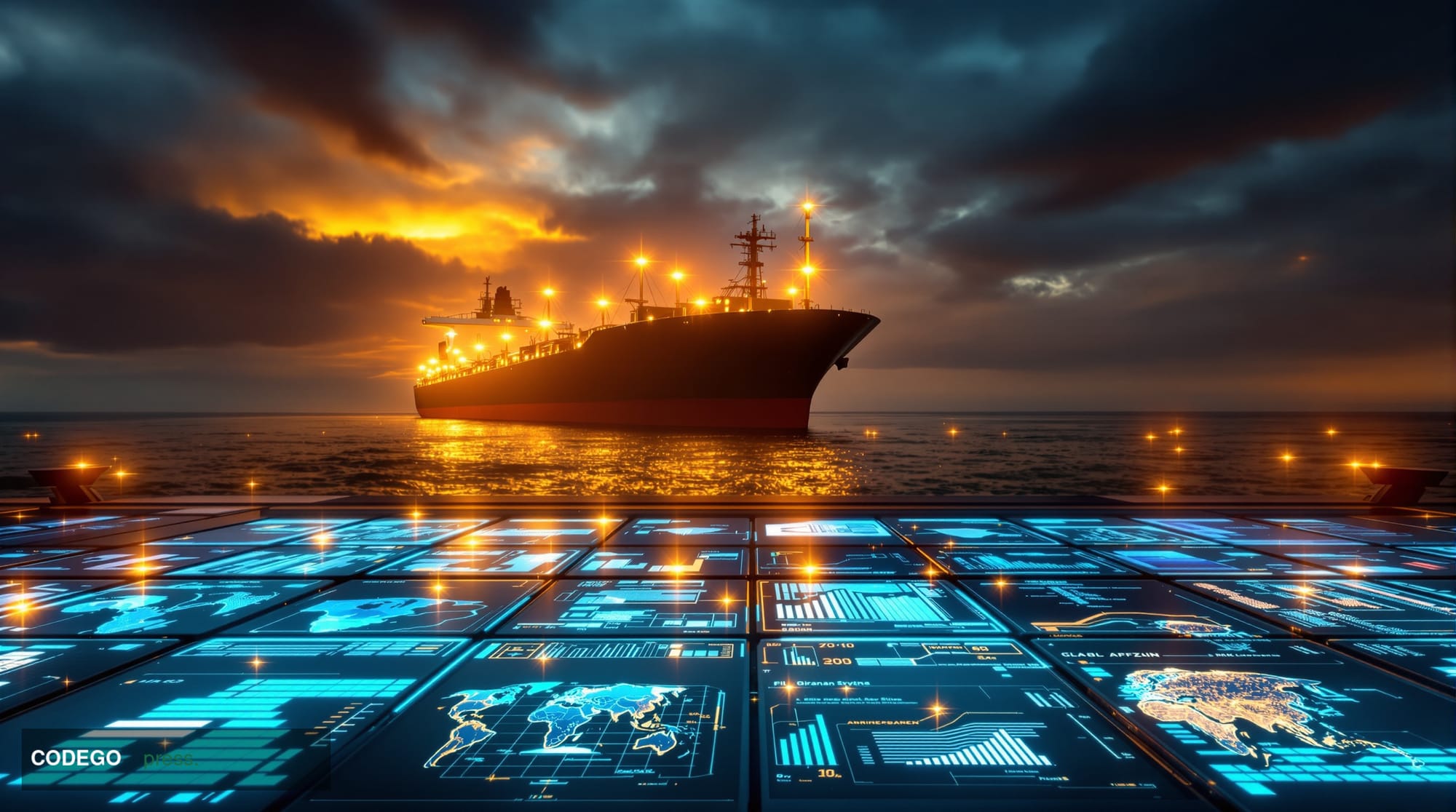 A dramatic photorealistic editorial photograph capturing the intersection of global oil trade and cryptocurrency sanctions. T