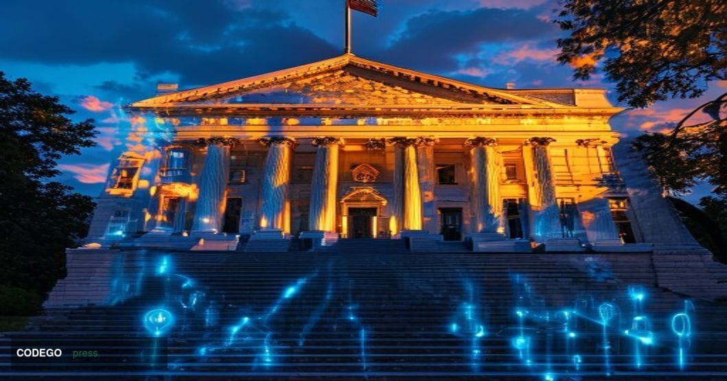 A dramatic wide-angle photograph of the U.S. Treasury Building in Washington D.C. at golden hour, with the iconic neoclassica