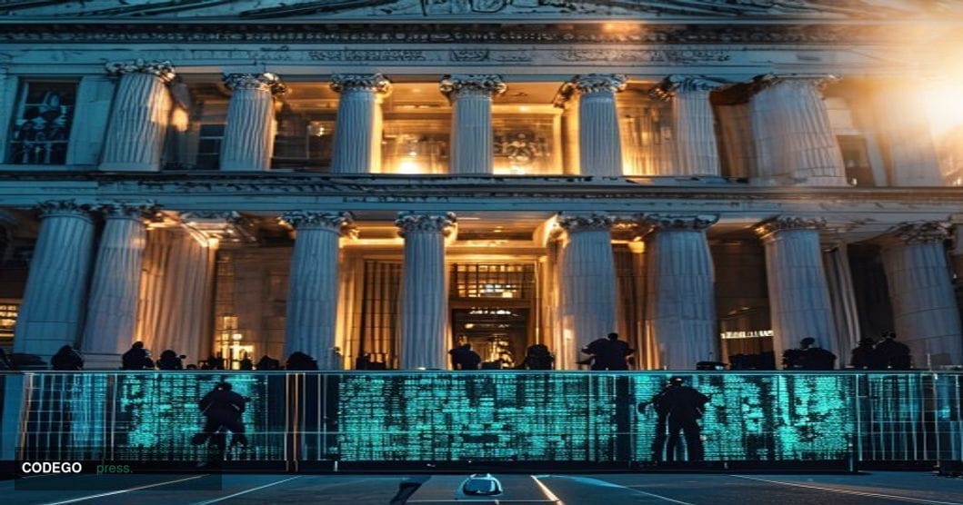 # Image Prompt

A dramatic wide-angle shot of the neoclassical Treasury Department building's facade illuminated by sharp mor