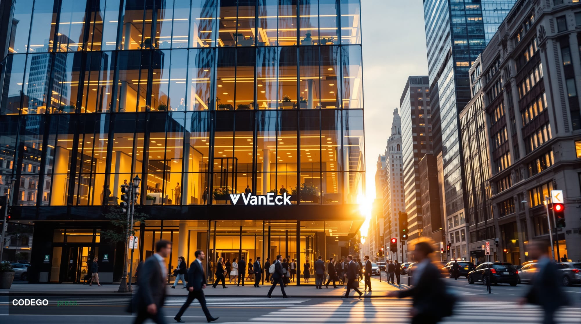 A cinematic editorial photograph of VanEck's corporate headquarters in New York City, featuring the distinctive glass and ste
