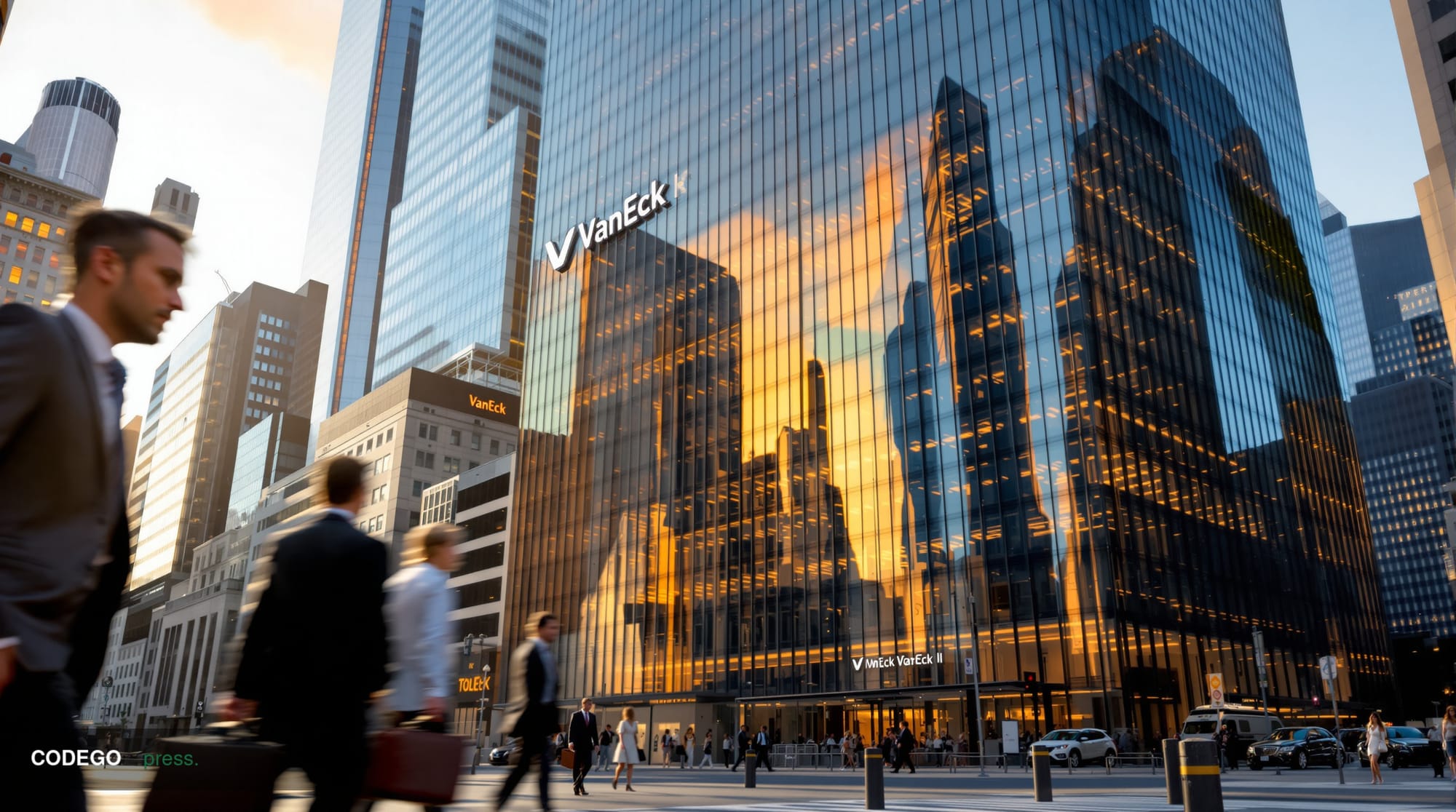 A photorealistic editorial photograph showing the VanEck headquarters building in New York City's financial district, with th