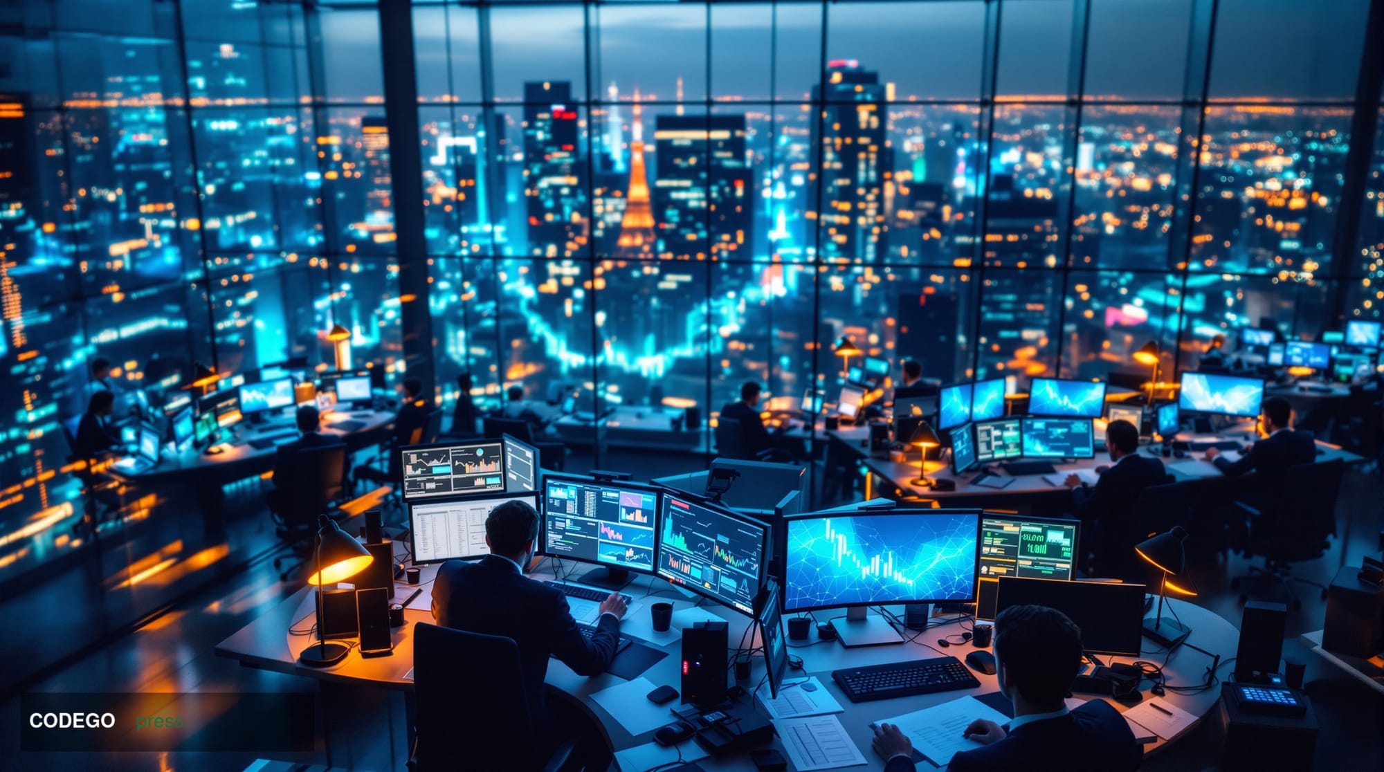 A cinematic editorial photograph capturing the bustling trading floor energy of modern private markets, shot from an elevated