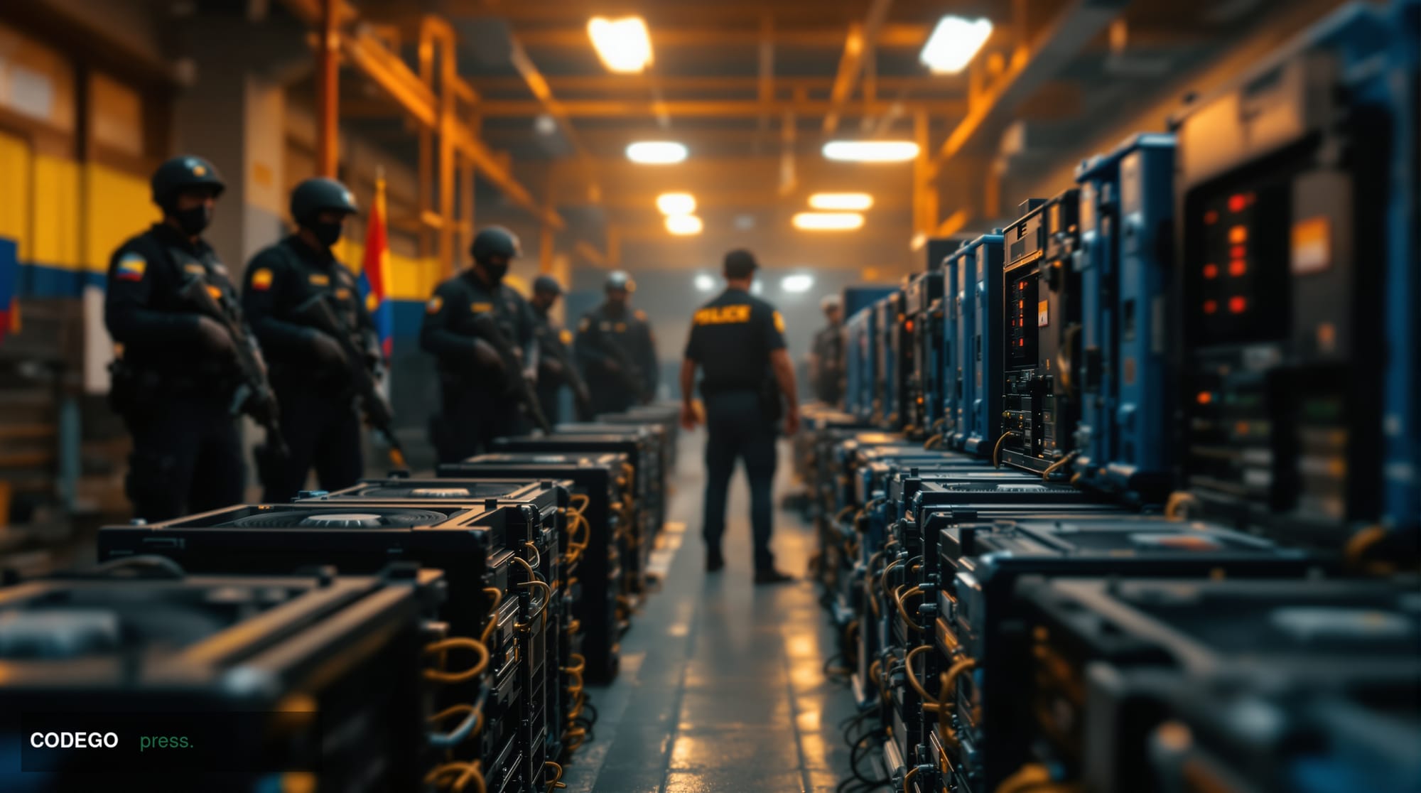 A dramatic photorealistic editorial news photograph showing Venezuelan law enforcement officers in tactical gear standing gua