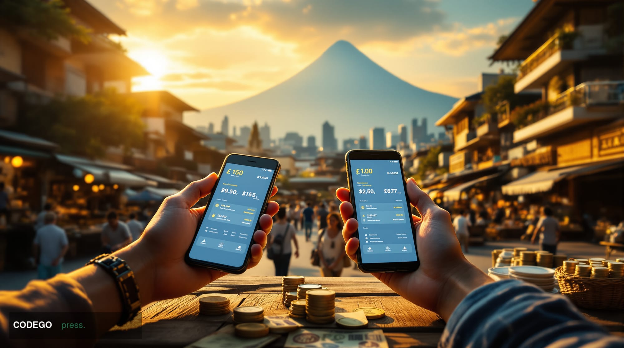 A cinematic editorial photograph capturing Venezuela's economic reality through the lens of digital currency adoption. The sc