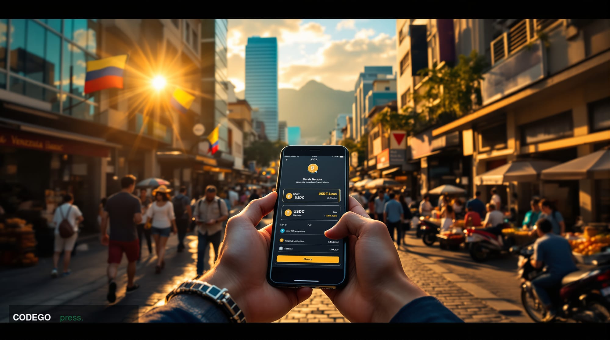 Photorealistic editorial photograph capturing Venezuela's economic transformation through digital currency adoption. The scen