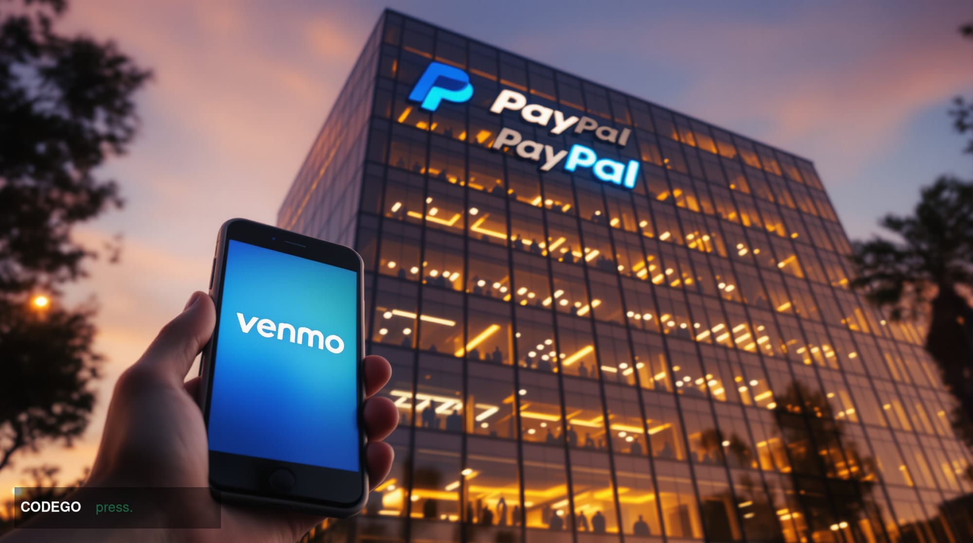 A cinematic editorial photograph of PayPal's corporate headquarters in San Jose, California, captured during the golden hour 