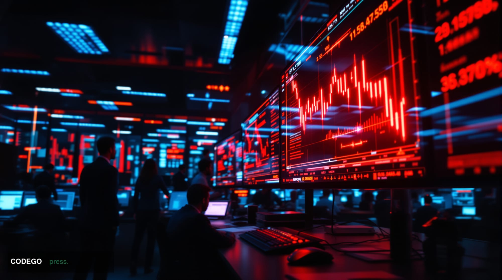 A dramatic photorealistic editorial photograph capturing the chaos of a derivatives trading floor during a market crisis, sho