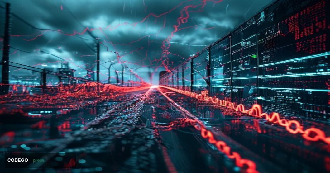 # Image Prompt: DeFi Security Breach Visualization

A dramatic cinematic composition showing a fractured digital bridge struc