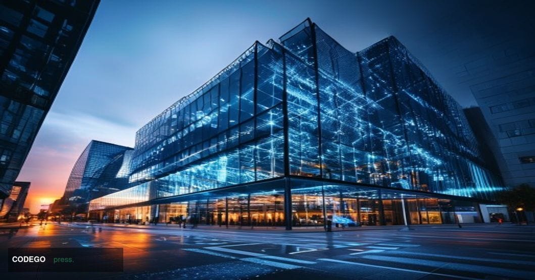 A dramatic cinematic photograph of a modern blockchain technology center or cryptocurrency exchange office building at dusk, 