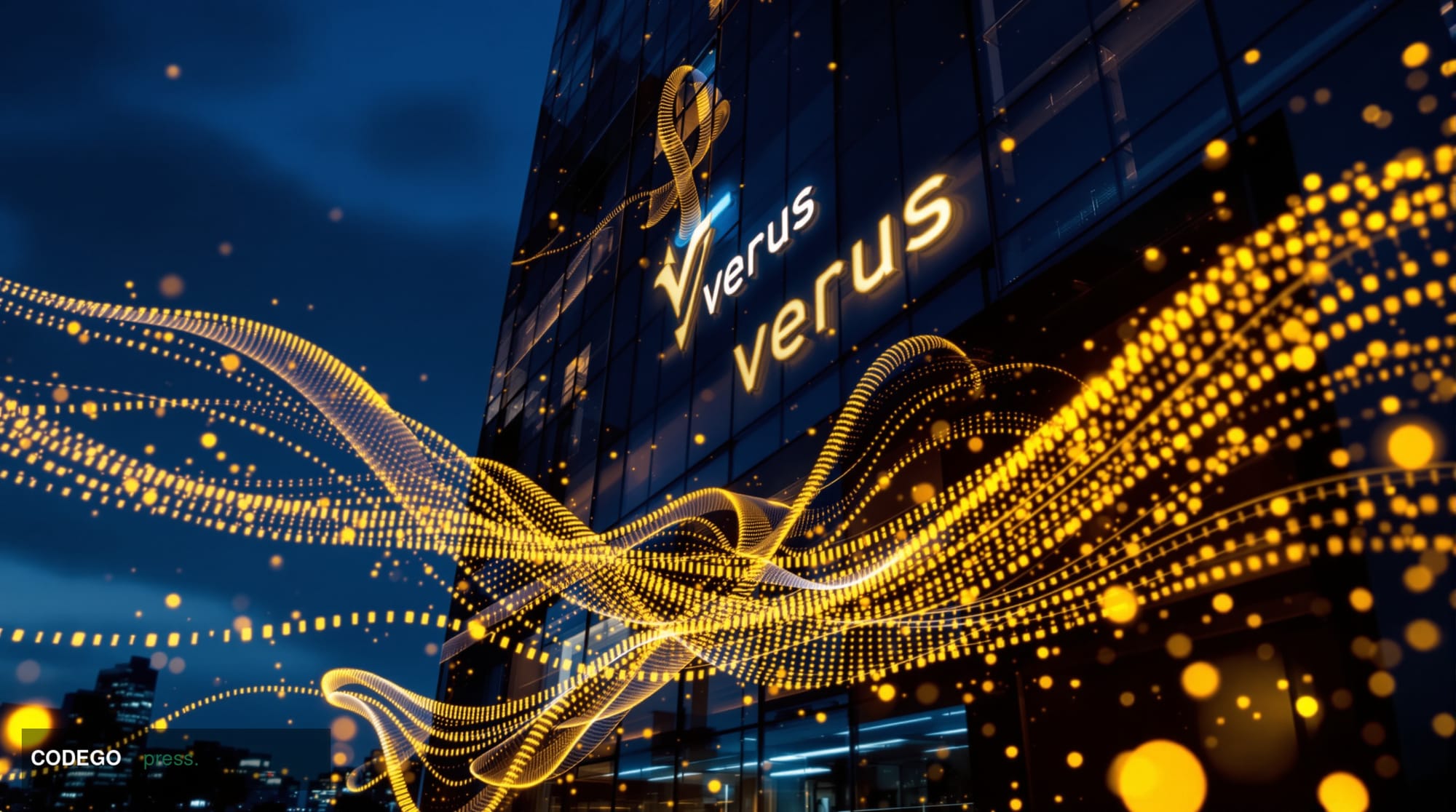 A cinematic editorial news photograph showing a dramatic nighttime scene of a modern blockchain technology office building wi
