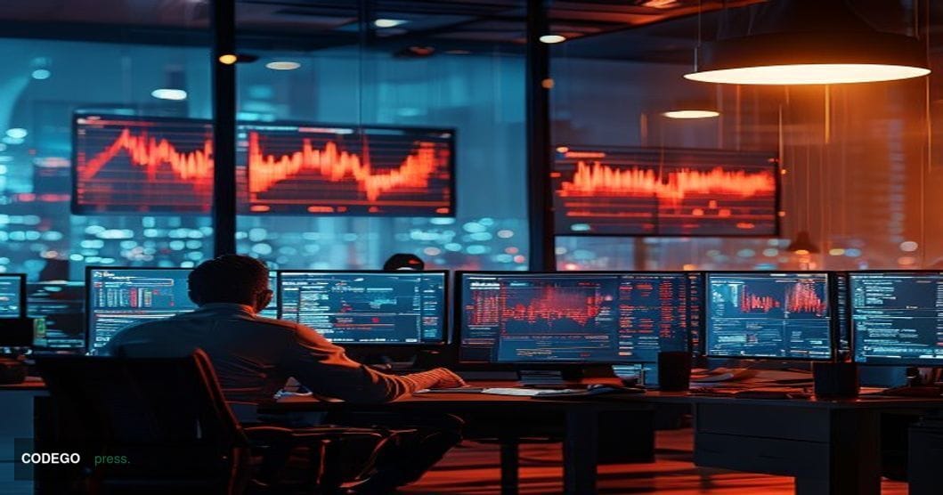 A dramatic photorealistic editorial photograph showing a modern cryptocurrency trading floor or blockchain development office