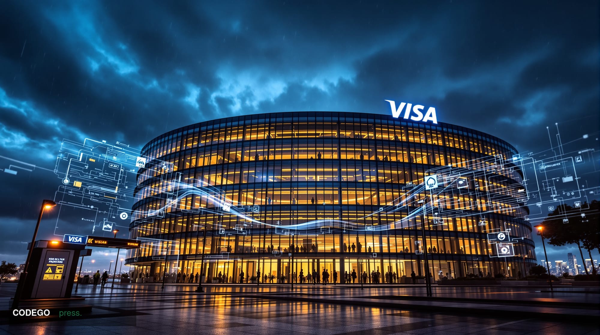 A dramatic photorealistic editorial photograph showing Visa's iconic corporate headquarters in Foster City, California, with 