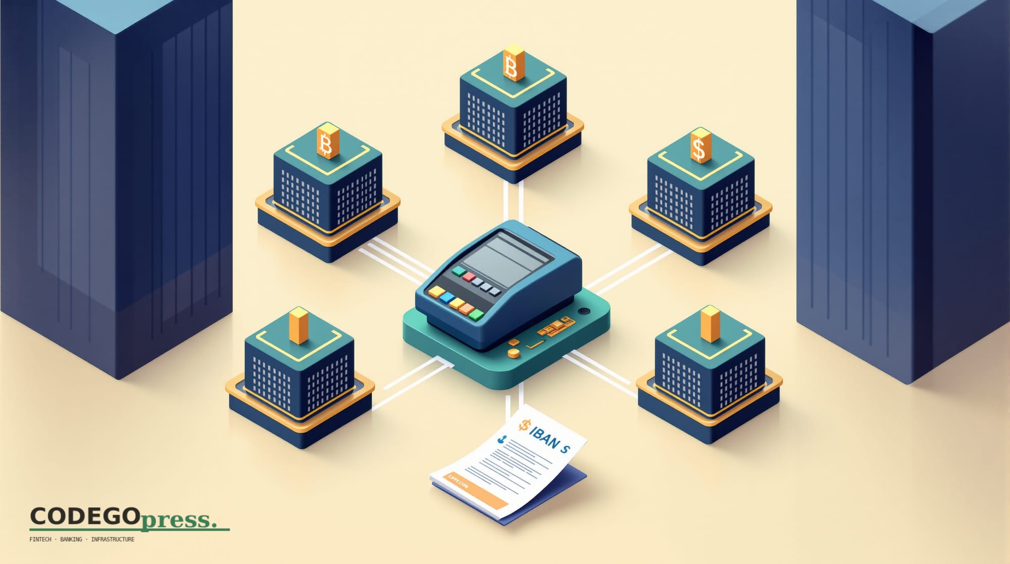 Flat 3D isometric vector editorial illustration, banking-green primary (#1A6B43), cream background, gold and navy accents, so