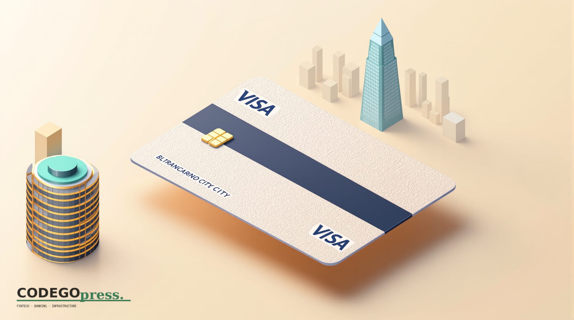 Large embossed payment card with Visa navy-blue accent stripe in centre, displaying holographic crypto symbol, Visa curved Fo