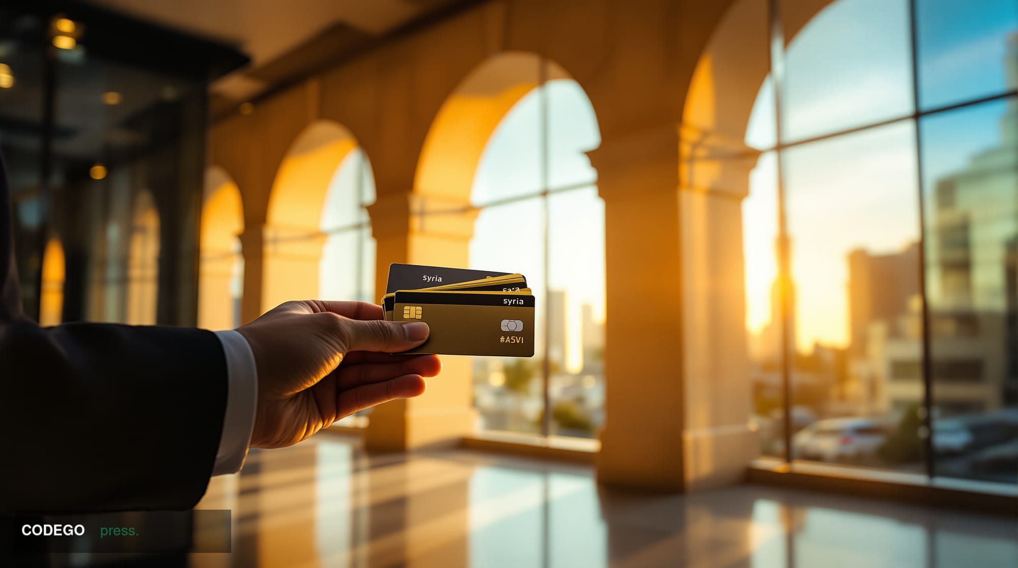A photorealistic editorial photograph capturing the historic return of international payment networks to Syria. The scene sho