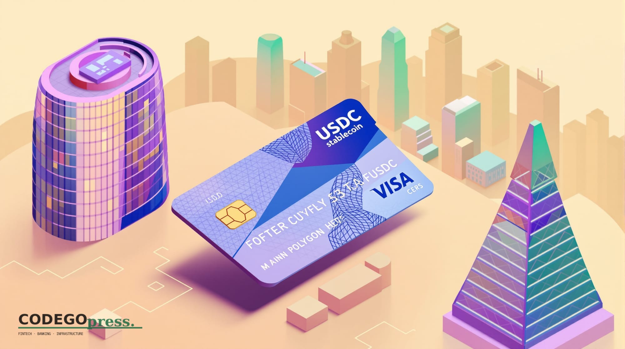 Large embossed payment card with Visa blue accent and USDC stablecoin symbol in centre, Visa Foster City curved-glass HQ on t