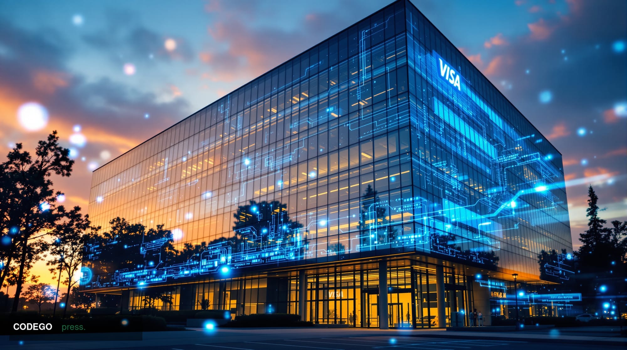 A cinematic editorial photograph showing Visa's distinctive corporate headquarters in Foster City, California, captured durin