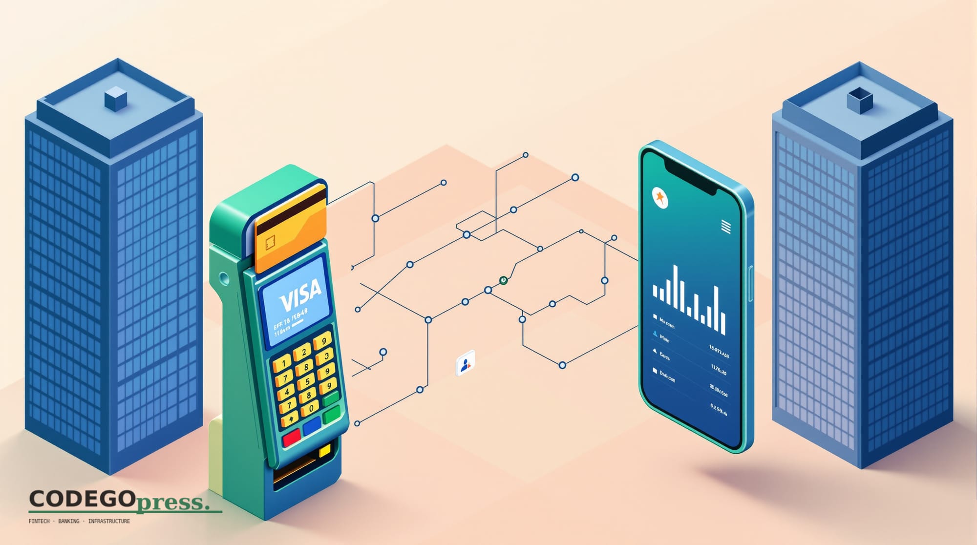 Flat 3D isometric vector editorial illustration showing a digital payment terminal on the left (depicting a Visa card reader 