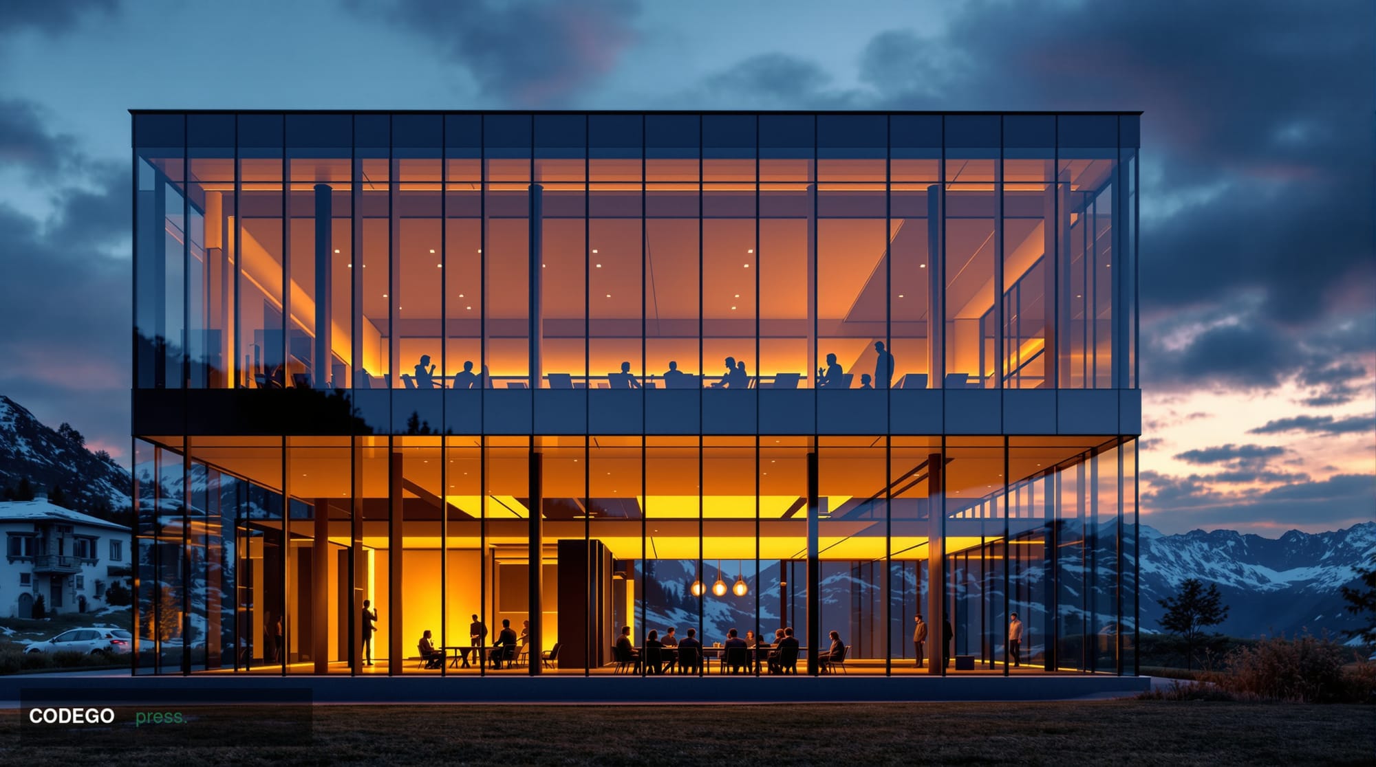 A photorealistic editorial photograph showing the Ethereum Foundation's headquarters building in Zug, Switzerland, captured d