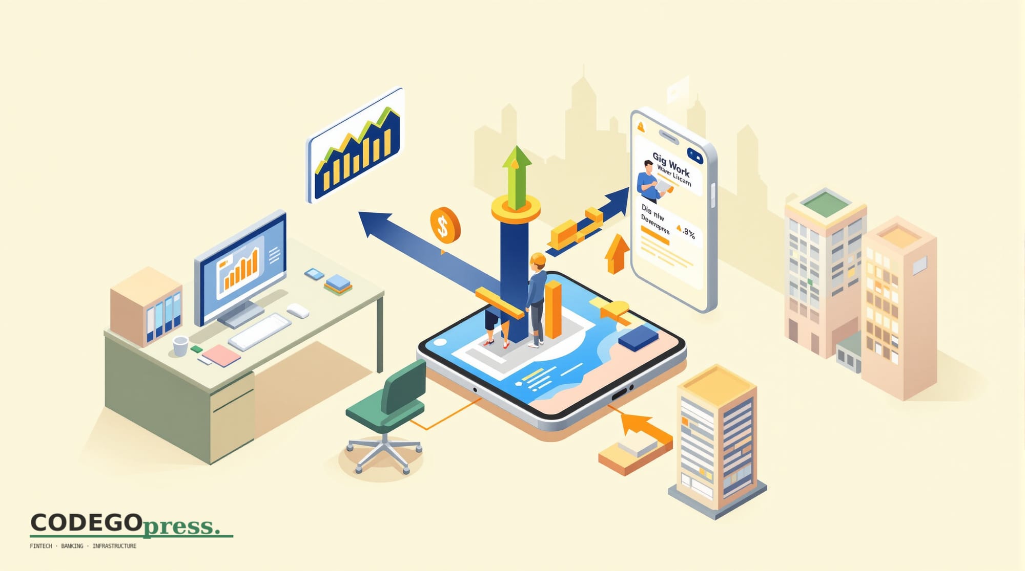 Flat 3D isometric vector editorial illustration showing a split composition: on the left, a traditional office desk with a co