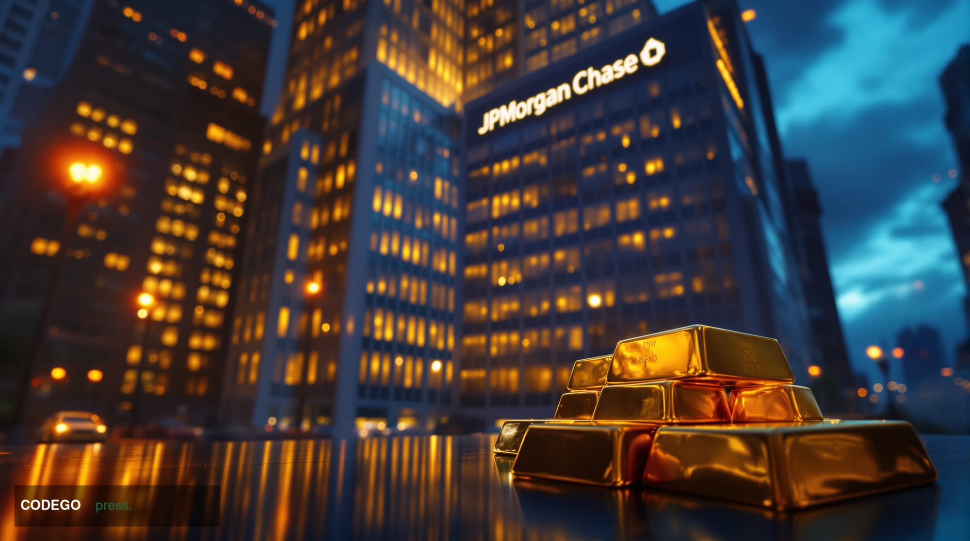 A dramatic photorealistic editorial photograph showing the iconic JPMorgan Chase headquarters building in New York City's fin