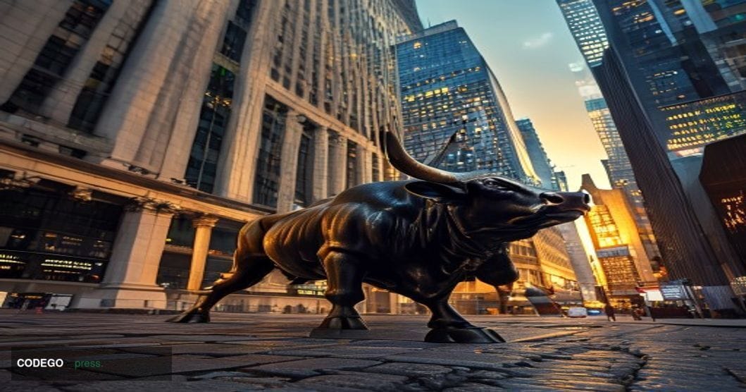 A dramatic photorealistic editorial photograph capturing the iconic Wall Street bull statue in the foreground with the toweri