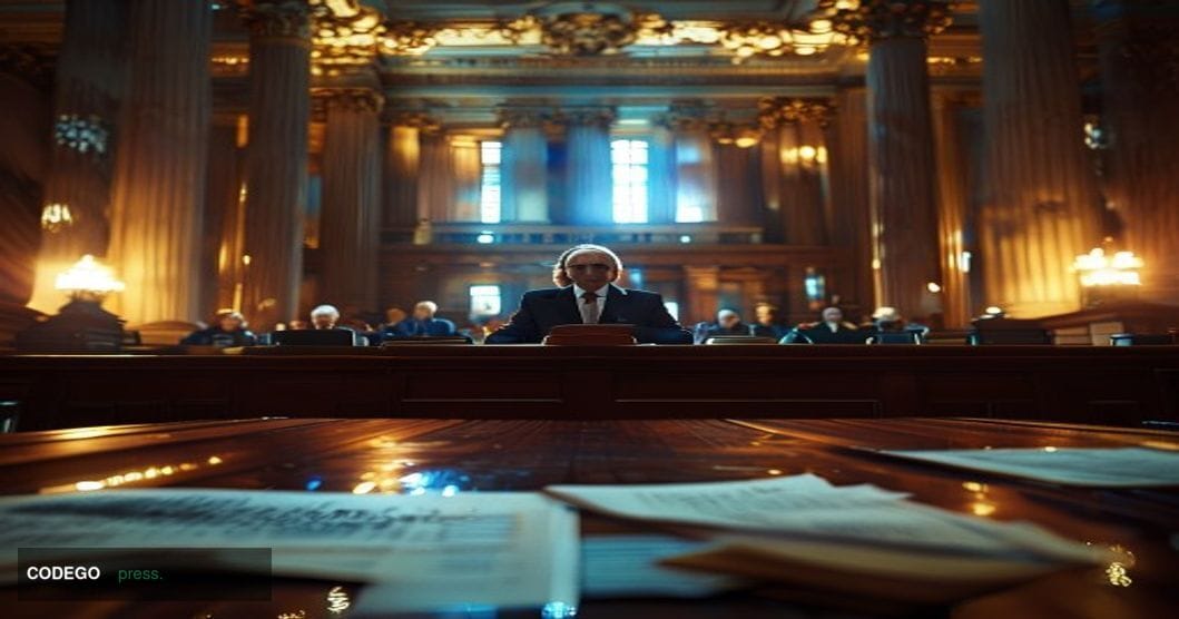 A dramatic photorealistic editorial photograph showing Senator Elizabeth Warren's silhouette at a podium in a Senate hearing 
