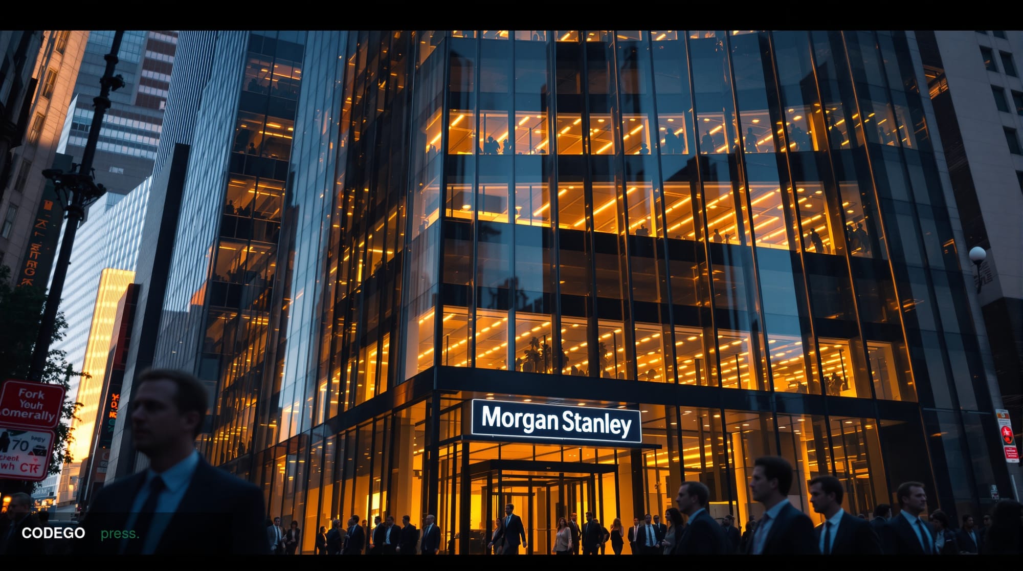 A cinematic editorial photograph showing the imposing facade of Morgan Stanley's headquarters at 1585 Broadway in New York Ci