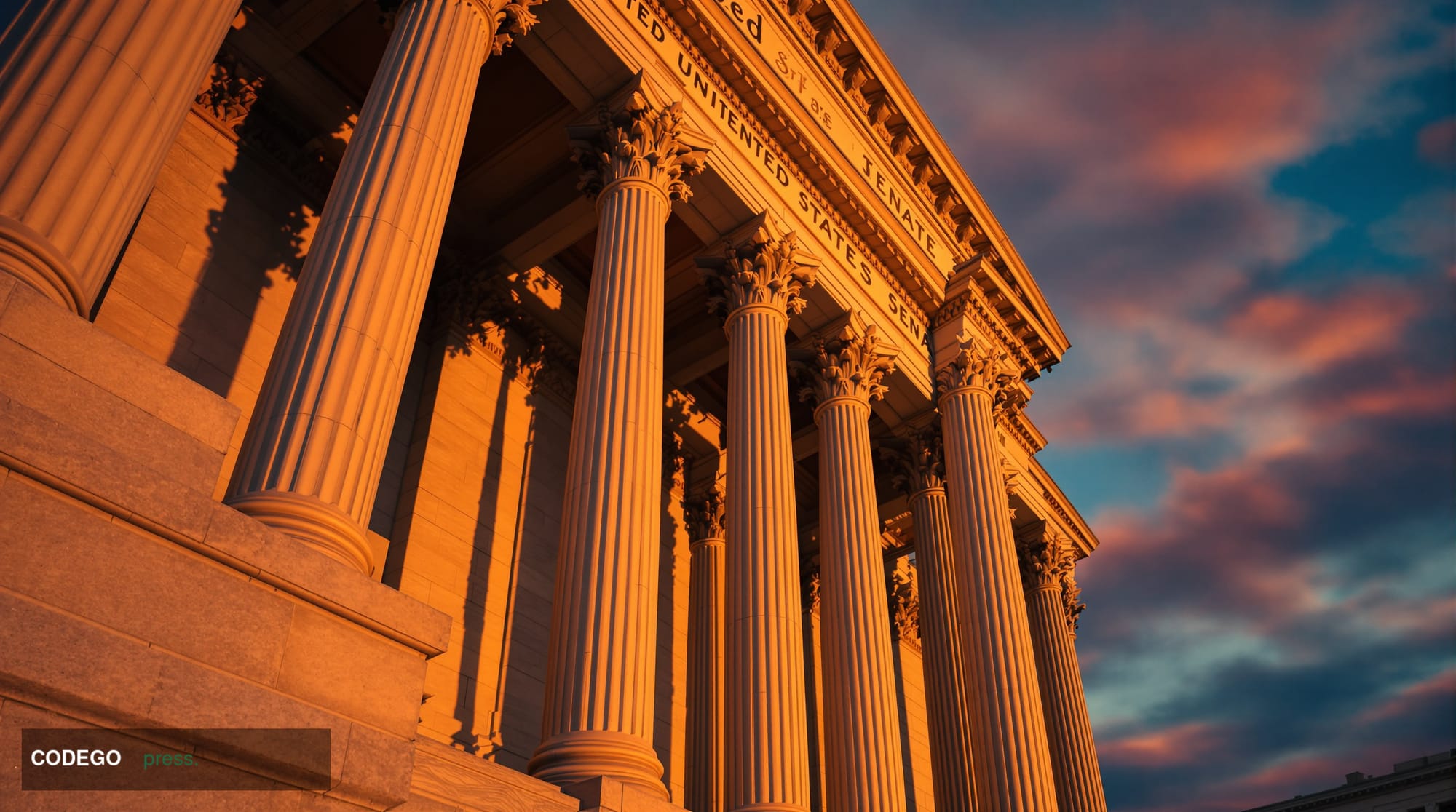 A cinematic editorial photograph showing the imposing neoclassical facade of the United States Senate building in Washington 